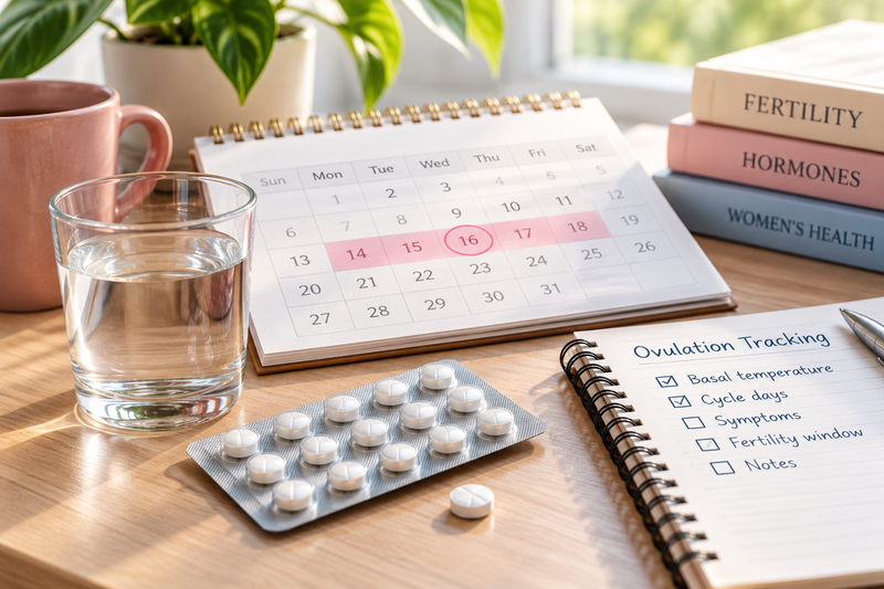 Clomiphene fertility treatment context with a menstrual calendar, ovulation tracking notebook, and tablets for Vpharma Lab.
