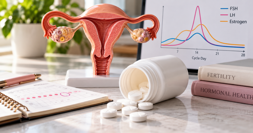 Clomiphene uses and side effects illustrated with a reproductive system model and ovulation tracking materials for Vpharma Lab.