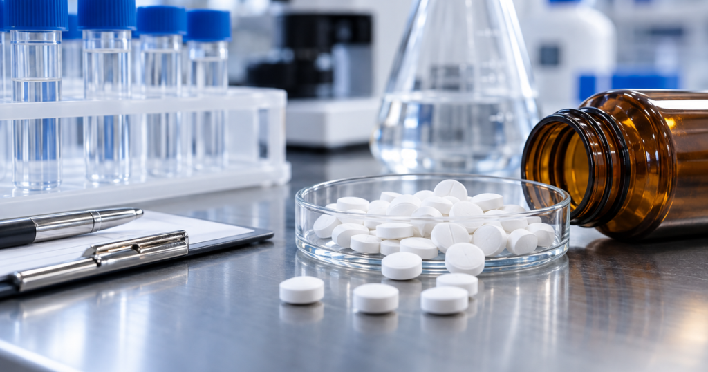 White tablets, sample tubes, and laboratory equipment illustrating oxandrolone side effects monitoring for Vpharma Lab.