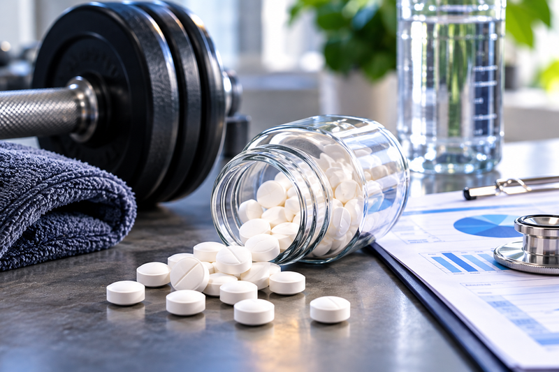 White tablets, a dumbbell, and medical monitoring equipment illustrating oxandrolone side effects for Vpharma Lab.
