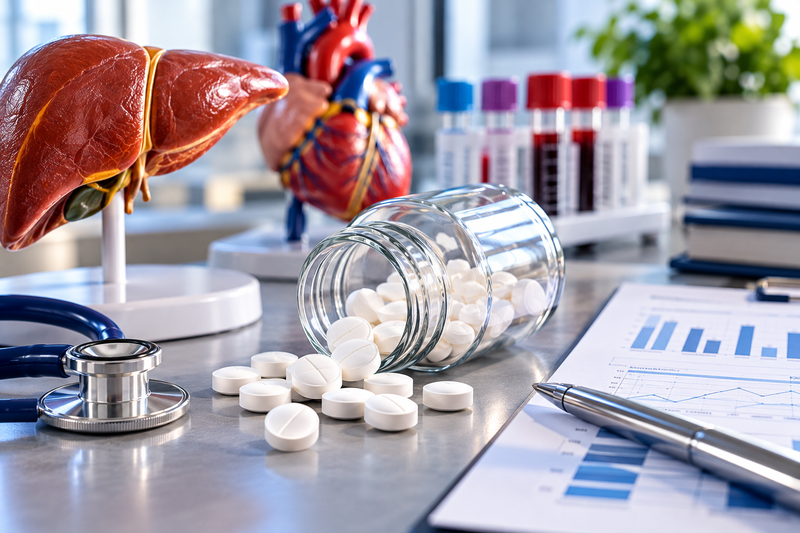 Liver model, tablets, stethoscope, and health charts illustrating oxandrolone side effects for Vpharma Lab.