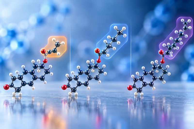 Conceptual illustration of testosterone ester chain differences for Vpharma Lab.