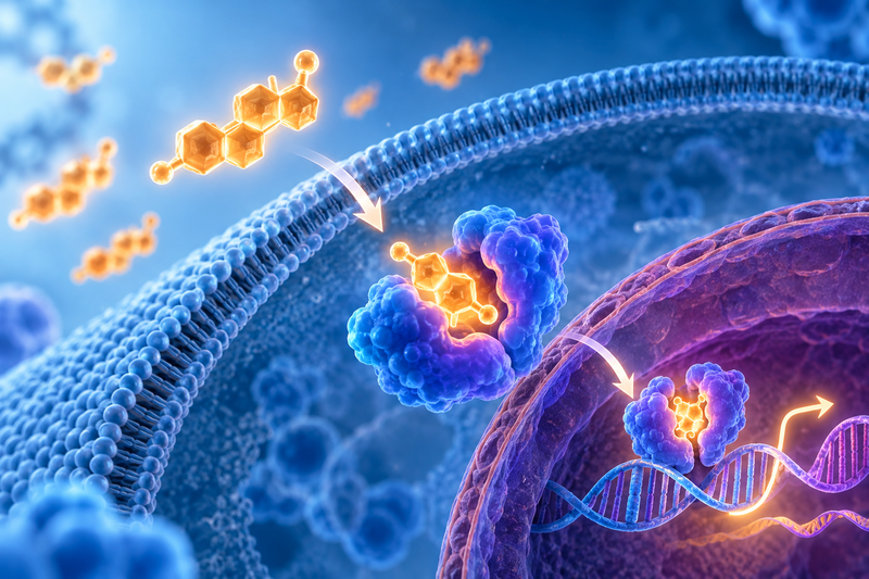 Conceptual illustration of how testosterone propionate interacts with cellular receptors and DNA for Vpharma Lab
