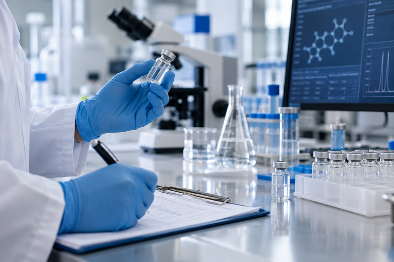 Pharmaceutical laboratory technician handling sample vials for Vpharma Lab’s testosterone propionate educational guide.