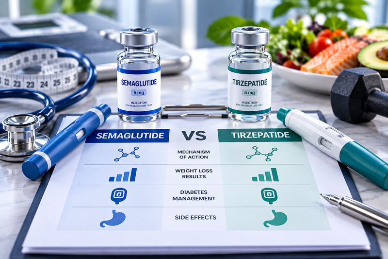 Tirzepatide vs semaglutide comparison showing differences in metabolic treatment and weight management for Vpharma Lab.