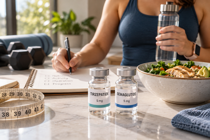 Healthy lifestyle scene illustrating tirzepatide vs semaglutide and weight management for Vpharma Lab.